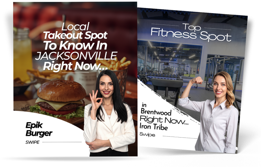 Business spotlight posts for a local burger restaurant and fitness studio